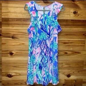 Lilly Pulitzer ESMERALDA DRESS MULTI JET STREAM coral reef ruffle neckline large